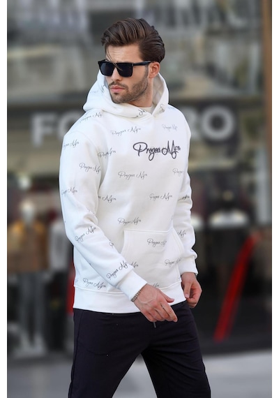 Madmext Ekru Baskılı Kapşonlu Cep Detaylı Erkek Sweatshirt 7075 Ekru