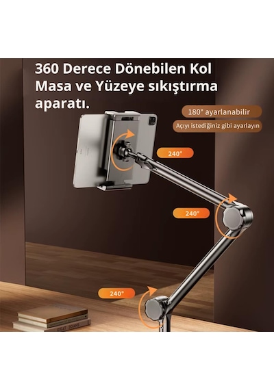 Coofbe Teleskopic Ayarlanabilir Klipsli Yatak Masa Kenarı İçin Tablet Standı Tablet Tutucu 360 Döner Başlık Siyah