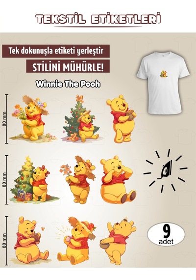 Ütü İle Yapışan Kıyafet Etiketi Winnie The Pooh 9lu Set Karışık