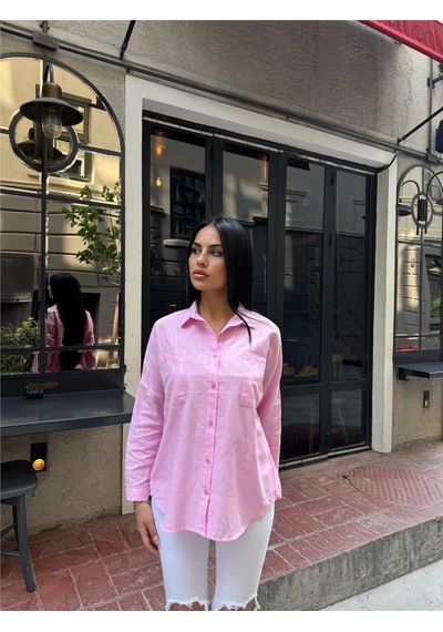 WeShaya Pembe Oversize Pamuk Karışımlı Cepli Gömlek Pembe