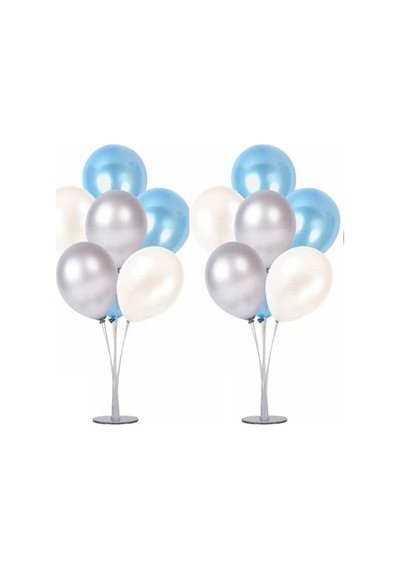 2 Adet 7'li Balon Standı Ve 14 Adet Gümüş -mavi - Beyaz Metalik