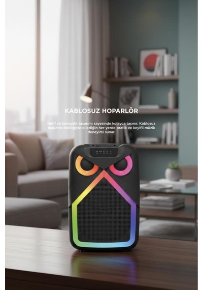 Bluetooth Hoparlör Baykuş Görünümlü 50w Rgb Led Işıklı Kablosuz Mikrofonlu Taşınabilir Karaoke Speaker