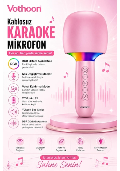 Çocuk Ve Yetişkin Karaoke Mikrofonu Kablosuz Rgb Ambiyans Işığı Ses Değiştirme Modlu Hoparlör