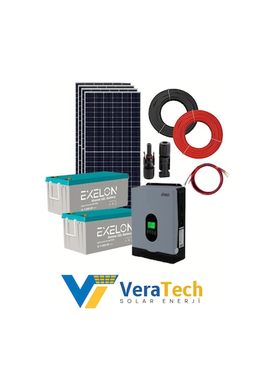 Veratech Bahçe Evi Çamaşır Makinesi Solar Paketi 2200w Güneş Paneli 2.7kw İnverter 400ah Jel Akü