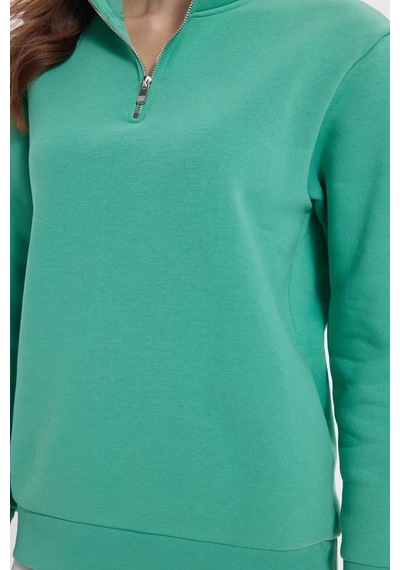 Tudors Kadın Relax Fit Rahat Kesim Pamuklu İçi Polarlı Yarım Fermuarlı Yeşil Dik Yaka Sweatshirt-41657