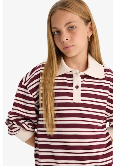 Defacto Kız Çocuk Relax Fit Polo Yaka Çizgili Uzun Kollu Okul Tişörtü F8399a825aubr194 Bordo