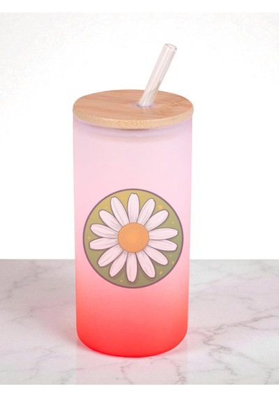 Parlak Papatya Baskılı 600 Ml Cam Matara- Su Matarası, Suluk Matara, Cam Pipetli Matara Kırmızı