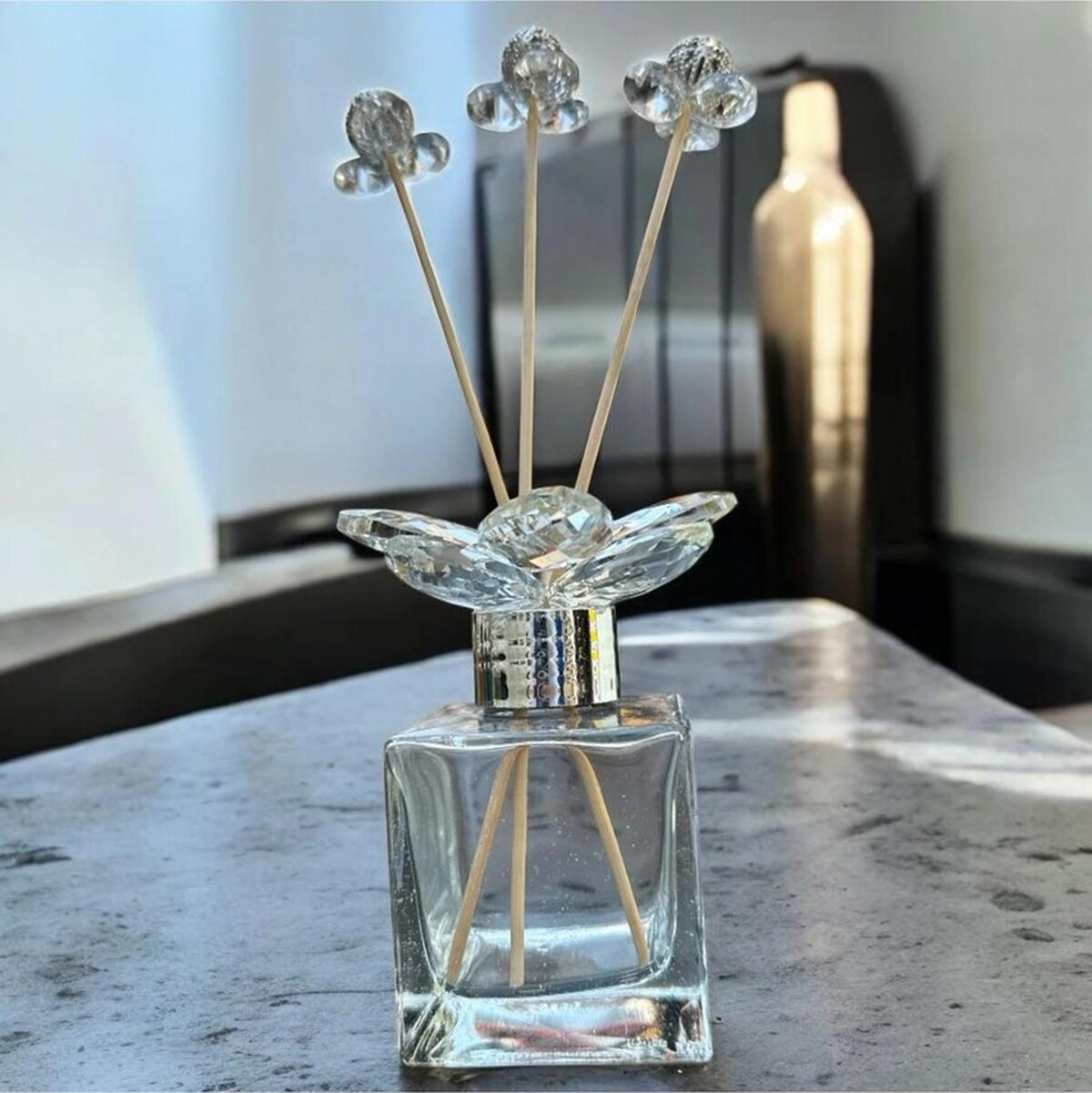 Dekoratif Kristal Cam Oda Koku Şişesi Şeffaf Sade- Gümüş