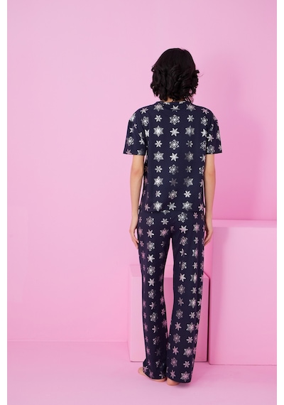 Siyah İnci Örme Pijama Takım7845 Lacivert Kar Tanesi