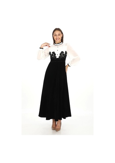 Göğüs Dantel İşlemeli Kadife Abiye 2743-Siyah