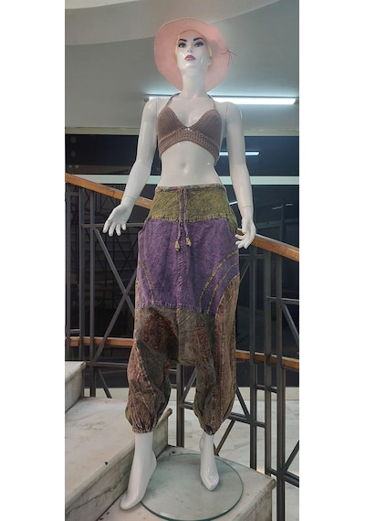Bohem Stil Hint Otantik Yıkamalı Taşlanmış Patchwork Unisex Şalvar Pantolon-9188 Haki