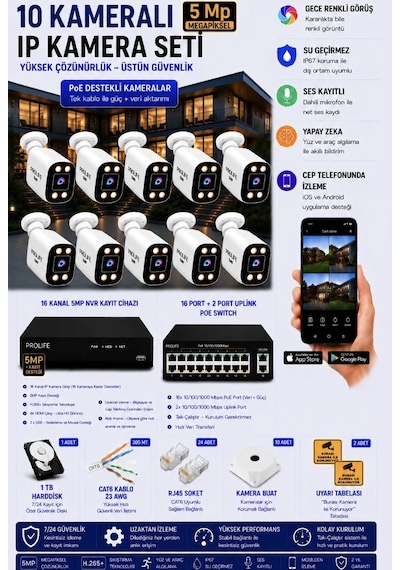 10 Kameralı 5 Mp Ip Kamera Seti Poeli Gece Renkli Ses Kayıtlı Yapay Zeka Destekli Tak-çalıştır Kuruluma Hazır Sistem