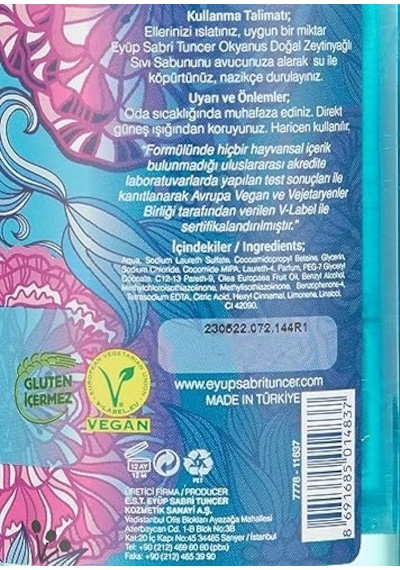 Doğal Zeytinyağlı Sıvı Sabun Okyanus Kokulu Pet Şişe 500 Ml