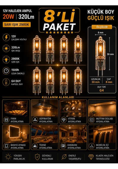 8 Adet Osaka 12volt 20w Sarı Işık G4 Duylu Dim Edilebilir Halojen Kapsül Ampul