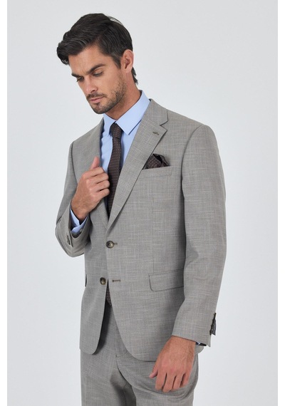 İmza Bej Mono Yaka Esnek 4 Drop Comfort Fit Classic Takım Elbise 1001250159 Bej