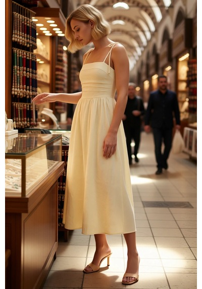 Benerly Kadın Bağcıklı Askılı Kare Yaka Kolsuz Midi Elbise Büzgülü Shift Sarı