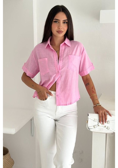 Kadın Kısa Kollu Gömlek Soft Statement Pembe