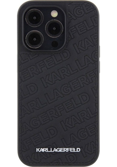 Apple Uyumlu iPhone 15 Pro Max Kılıf Karl Lagerfeld Lisanslı Metal Yazı Logolu Dikişli Logo Kapitone Siyah
