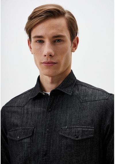 Siyah Erkek Denim Gömlek Slim Fit Ncs Jeans 7081 Siyah - Gri