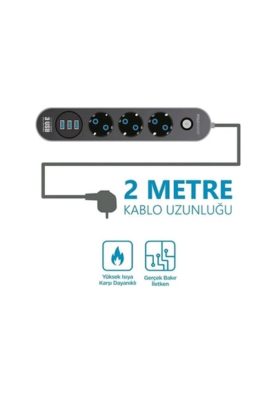 Akım Korumalı Isıya Dayanaklı 3x Grup Priz Ve 3x Usb Şarj Çıkışı 2 M