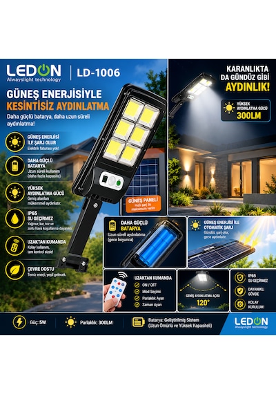 Ledon Ld-1006 Solar Sensörlü Kumandalı Güçlü Dış Mekan Bahçe Aydınlatması