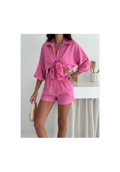 Wellway Keten Kumaş Oversize Gömlek & Şort İkili Takım-pembe Pembe