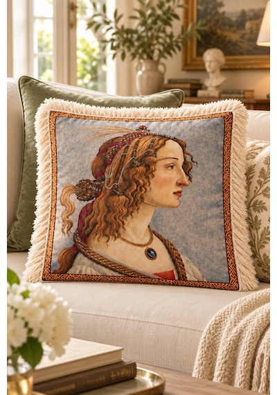 Estetik Kadın Tablo Püsküllü Kırlent Kılıfı Fine Art Romantik Kırlent Kılıfı Kadın Tablo - 825282999 Kadın Tablo