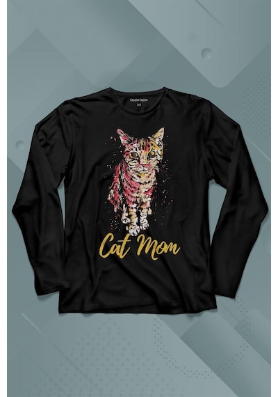 Cat Mom Kedi Mother Annesi Sevimli Masum Renkli Kedi Çizim Silüeti Uzun Kollu Tişört Baskılı Çocuk T-shirt 001