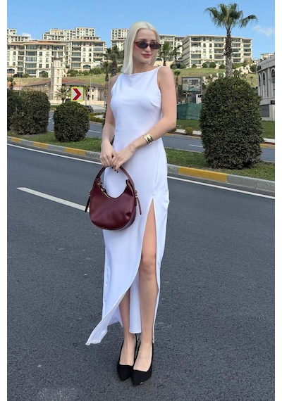 Madmext Beyaz Maxi Boy Yırtmaç Detaylı Kadın Elbise Mg2367 Beyaz
