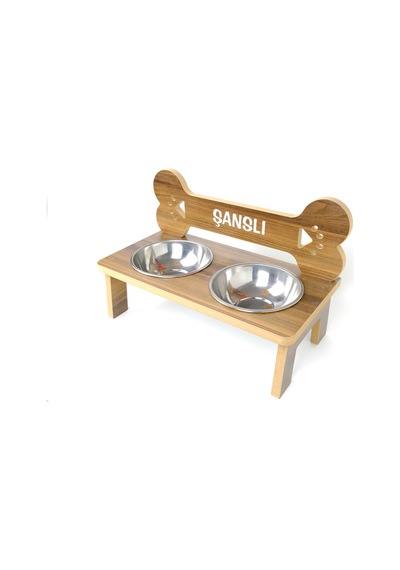 Köpek Su Ve Mama Kabı - Kemik Model - Özel İsim Baskılı -büyük Irk-ceviz Mdf - Çelik Kase - 2 1000ml