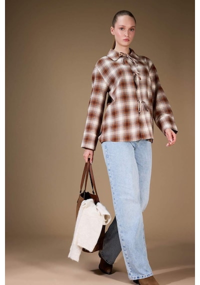 Defacto Regular Fit Dama Desenli Flanel Önden Bağlamalı Uzun Kollu Tunik G1382ax25wnbn341 Kahve-bn341