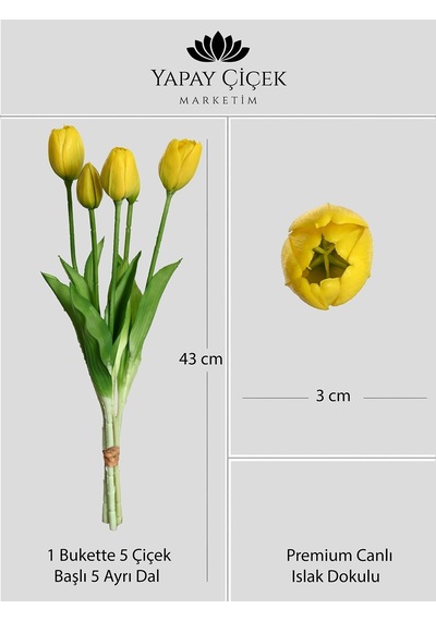 Sarı Yapay Tulipa Lale Çiçeği Buketi 5 Dallı Premium Canlı Islak Dokulu 43 Cm