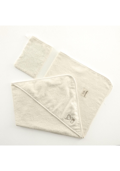 Bambu Antibakteriyel Bebek Nakışlı Havlu Kundak 75x75 Ve Kese Krem