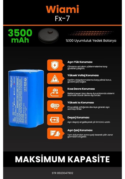 Robo Mi Wiami Fx-7 Robot Süpürge Bataryası, 3500mah Gerçek Kapasite, Maksimum Güvenlik, Model M288, Mavi