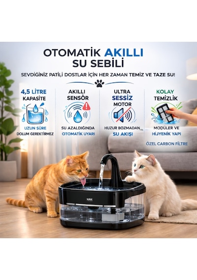 Polham Akıllı Otomatik Kedi Köpek Su Sebili 4.5l Sessiz Motorlu Sensörlü Pet Su Pınarı Karbon Filtreli Akıllı Su Kabı