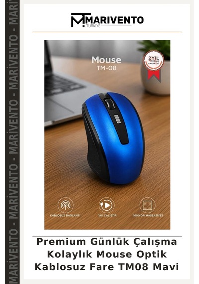 Premium Günlük Çalışma Kolaylık Mouse Optik Kablosuz Fare Tm08 Mavi