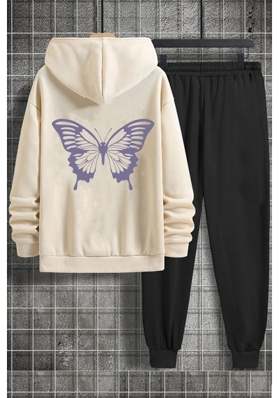 Tarzsokak Unisex Butterfly Baskılı Eşofman Takımı Kp-grı-eflatun-esh-grı Bej
