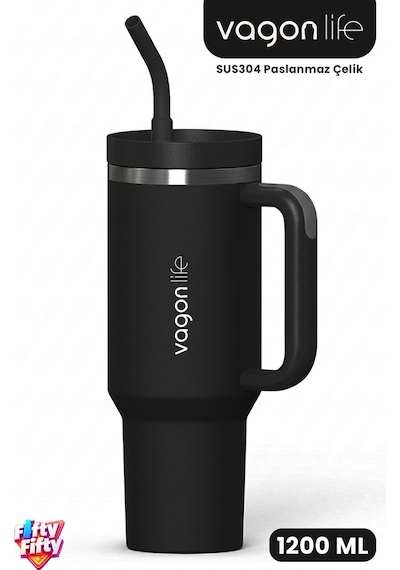 Tumbler Quencher Cup 1200 Ml Pipetli Rahat İçim Kulplu Sus304 Paslanmaz Çelik 1.2l Termos 1103-1200ml Siyah