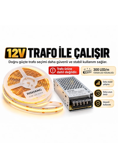 Cob Şerit Led 12v 300 Led/m Crı 90+ Noktasız Aydınlatma Natürel Beyaz 4000k 10 Metre