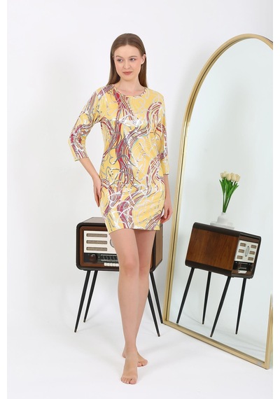 Modi Moda Çizgi Kadın Micro Kumaş Mini Parlak Elbise 7421 Sarı