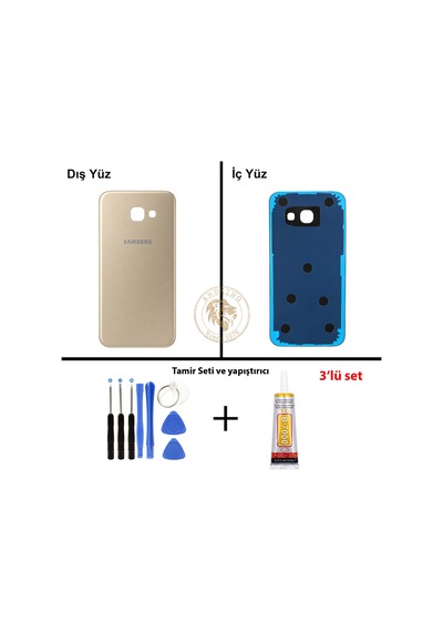 Samsung Galaxy A3 2017 A320 Gold Renk Arka Kapak + Tamir Seti + B7000 Yapıştırıcı Arka Cam Batarya Kapağı Pil Kapağı Lazer Kesim Back Cover Galaxy A3 2017 Uyumlu