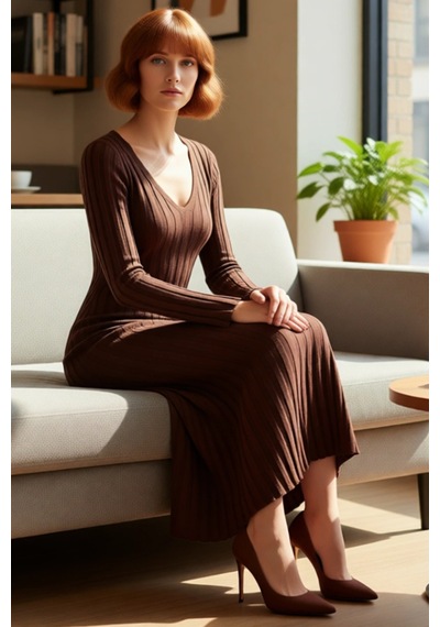 Ersefa Kadın Fashion Forward Bodycon Uzun Kollu V Yaka Maxi Triko Elbise Kahverengi