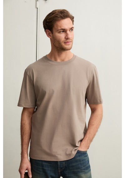 Grimelange Solo Erkek %100 Organik Pamuklu Kalın Dokulu Comfort Fit Bisiklet Yakalı Vizon T-shirt Vizon