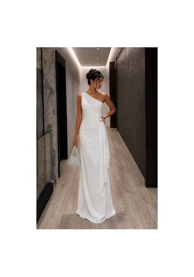 Lior Design Kadın Sade Tek Omuz Kemerli Maxi Abiye Elbise Beyaz
