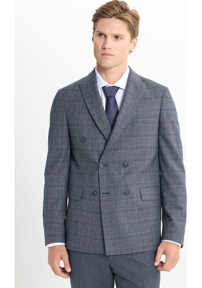 AC&Co / Altınyıldız Classics  Erkek Koyu Grı Slim Fit Dar Kesim Kırlangıç Yaka Kareli Kapak Cepli Esnek Takım Elbise Koyu Grı