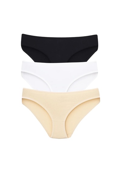 Astrid T Premium Renkli Giyim Spor Kadın Pamuklu Slip Külot 3'lü Paket Beyaz - Siyah - Ten