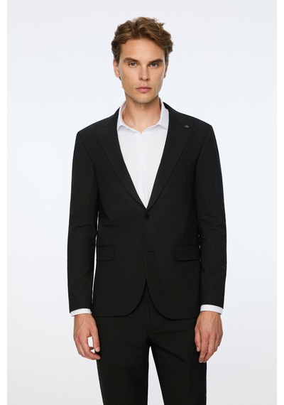 Morven Erkek Siyah Poliviskon Basic Düz Slim Fit Sivri Yaka Takım Elbise 26mc001078001 Siyah