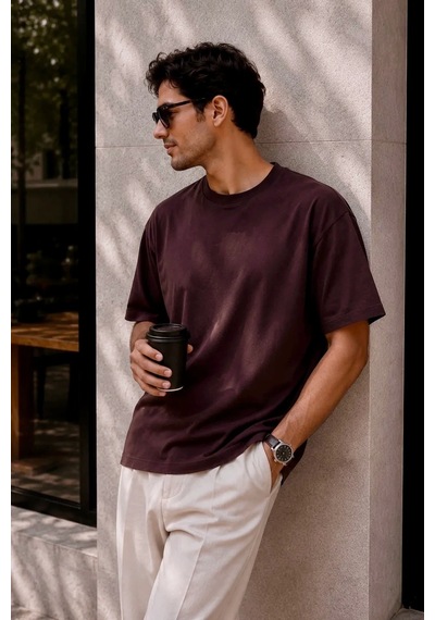 Bbbutikbasic Erkek Oversize Basic Bisiklet Yaka Pamuklu Tişört My3535 Kahverengi