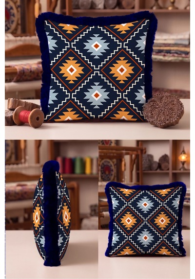 Etnik Kilim Saçaklı Yastık Kılıfı - Geometrik Navajo Retro Turuncu Lacivert Püsküllü Kırlent Kılıfı Serin Lagün Saten Etnik Kilim Saçaklı Yastık Kılıfı - Geometrik Navajo Retro Turuncu Lacivert Püsküllü Kırlent Kılıfı Serin Lagün Saten