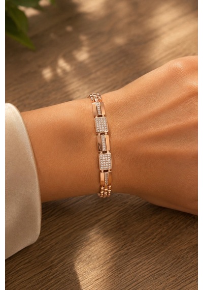 Sertifikalı 316l Çelik Rose Gold Geometrik Çok Sıralı Zirkon Taşlı Premium Kadın Bileklik Altın